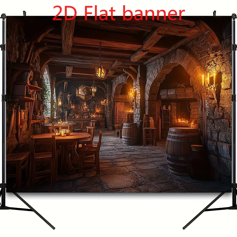 2D Flat,Medieval Tavern Stone Arch Fireplace Tapestry Fantasy RPG Wall Art Man Cave Decor Cozy Dungeon Interior Background Print - view 5