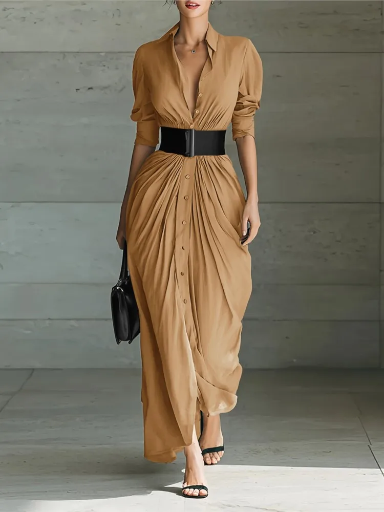 Robes femmes couleur unie élégant col boutonné chemise Robe avec ceinture multicolore Maxi Robe Chic élégant fête robes