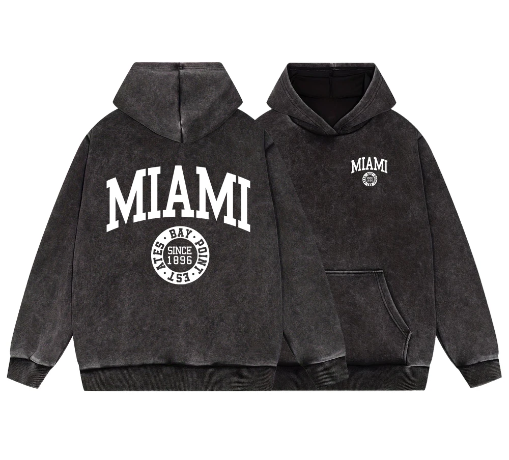 

Miami Since 1896 Est Ates Bay Point Men Vintage Washed Cotton Hoodie Fashion Oversize Pullover Vintage Comfortable Hoodie