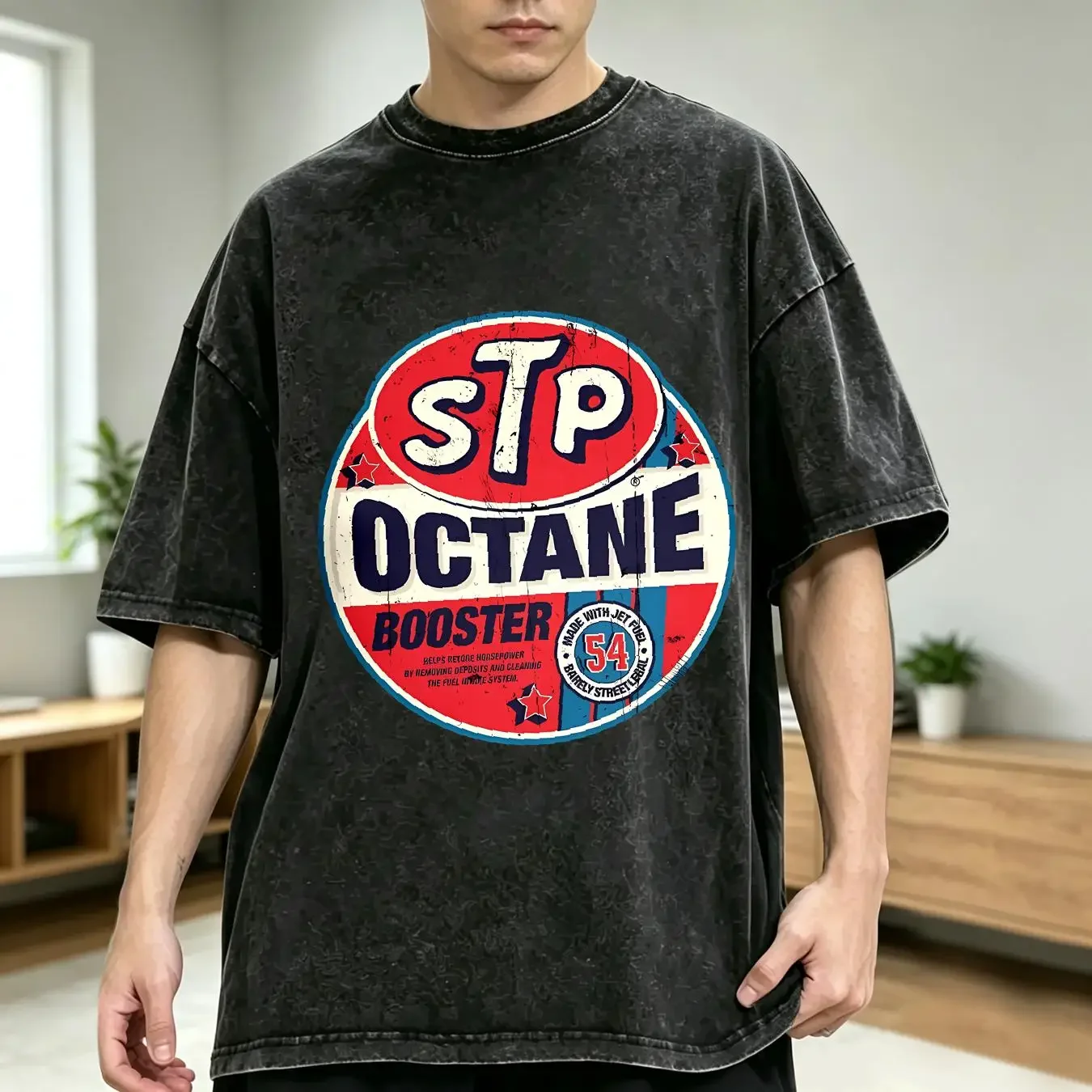 washed T Shirt STP Octane Booster Dark Heather vintage Washed Breathable Slightly streetwear graphic Top For Everyday Wear