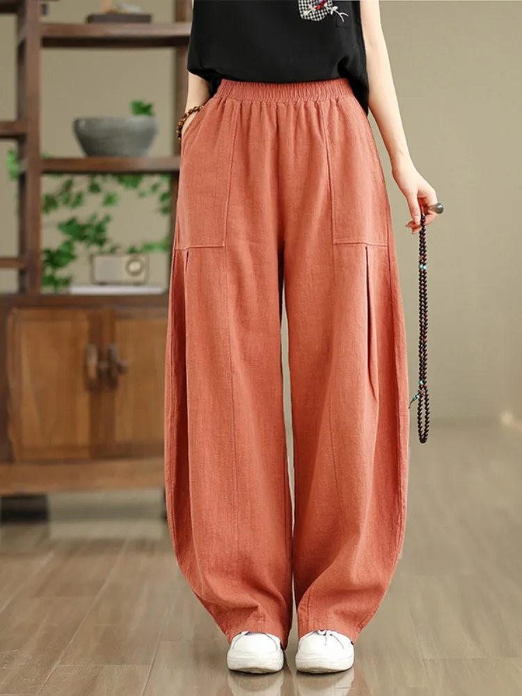 Pantalon lanterne rétro Zen en coton et lin pour femmes, ample, taille élastique, grande taille, pantalon d'entraînement Tai Chi, Long décontracté