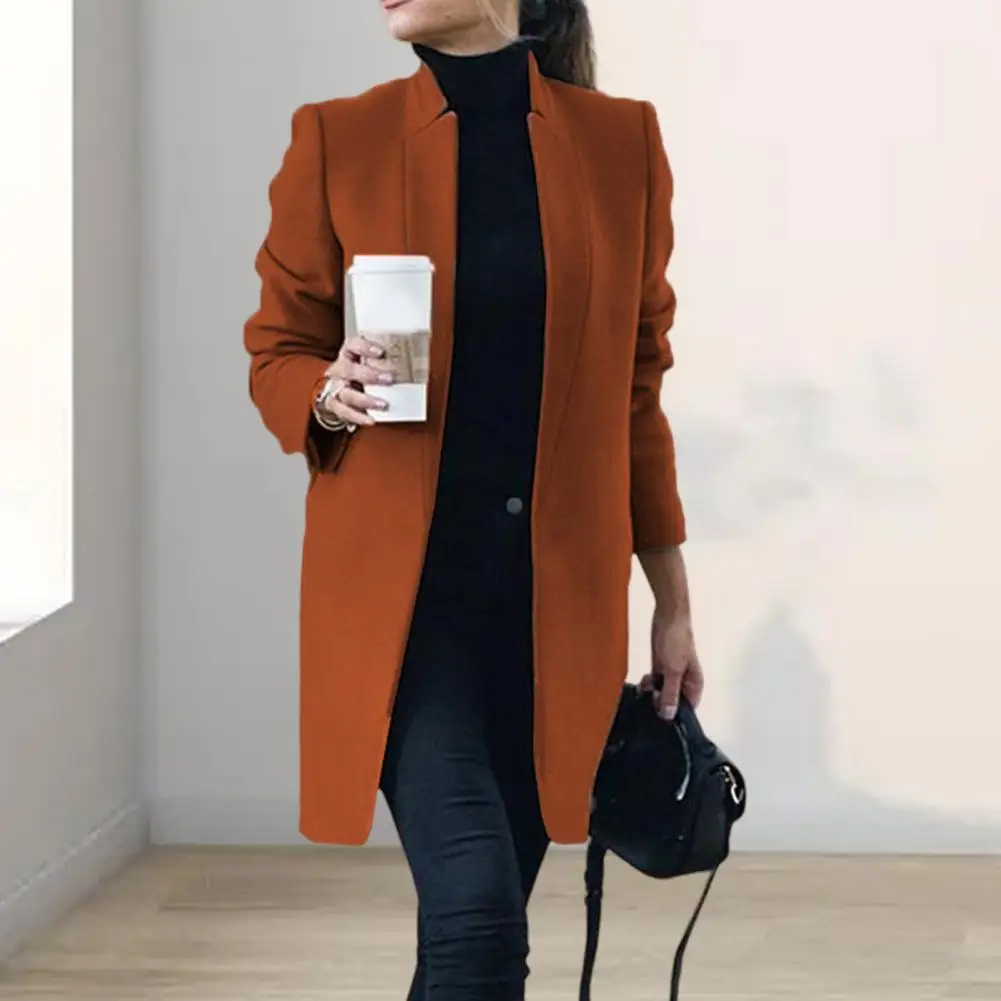 Solid Color Jacket Elegant Woolen Coat for Women Stylish Slim Fit Overcoat with Stand Collar Long Sleeves for Fall for Office