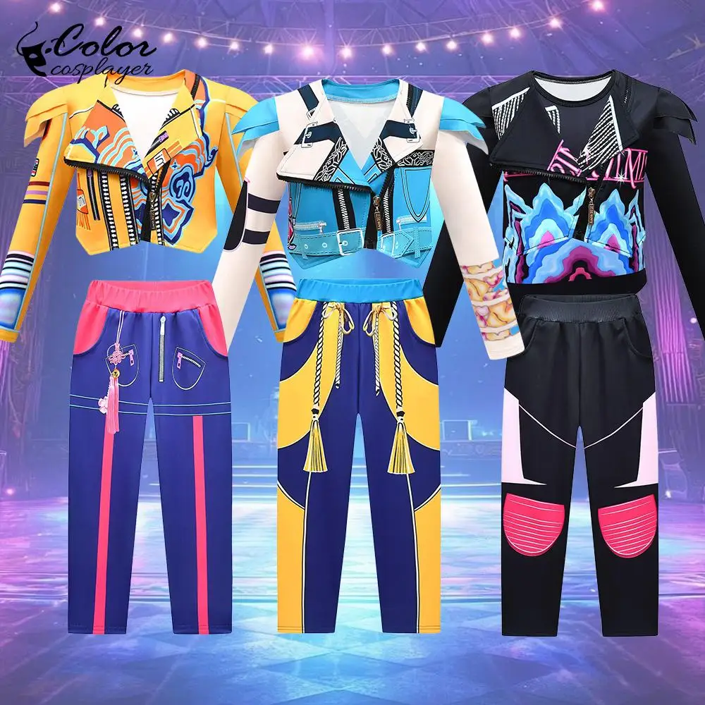 

Halloween Set Kpop Demon Hunters Cosplay Costume Anime Mira 3 Piece Suit Black Punk Jacket 3D Print Stage Outfit Girl Clothing