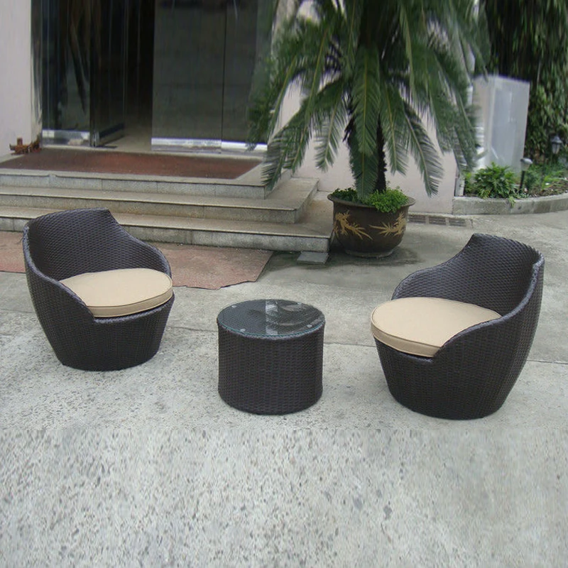 3 pcs Dark Brown Resin Wicker Obelisk Chair Rattan Bullet Sofa Set leisure couch coffee tea table chair customized color size