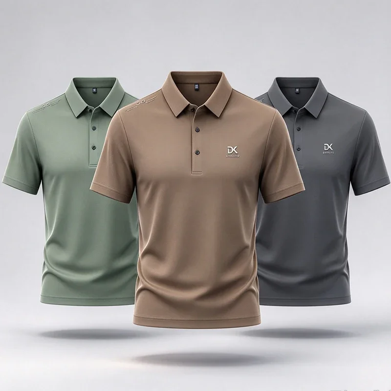 Men Short Sleeve Polo Shirt DX Logo Lapel Casual Business Tops Breathable Solid Color Male Daily Wear Tee
