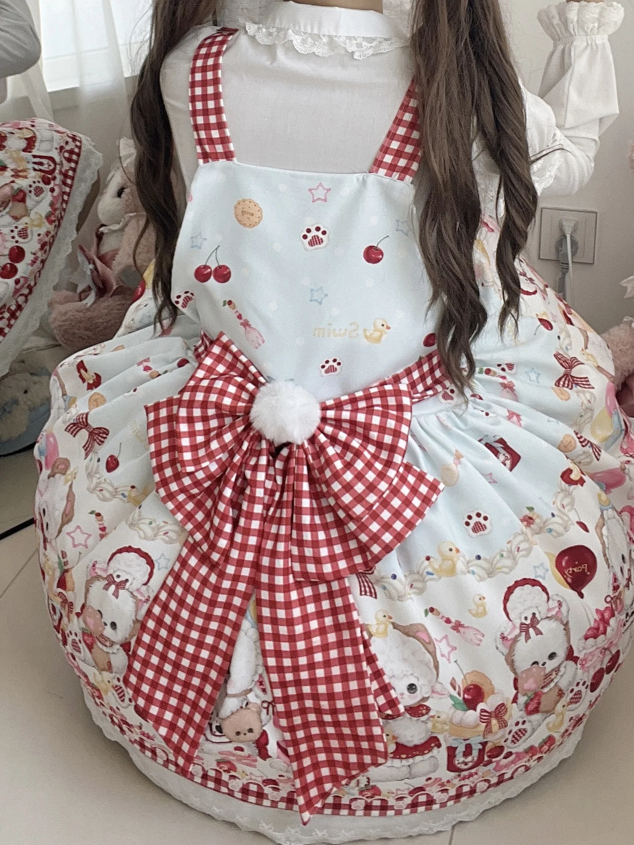 Lolita Oryginalna Autentyczna Urocza Sukienka JSK na Ramiączkach Damska Lolita Codzienna Uniwersalna Wiosenna Słodka Sukienka w Kratę na Lato