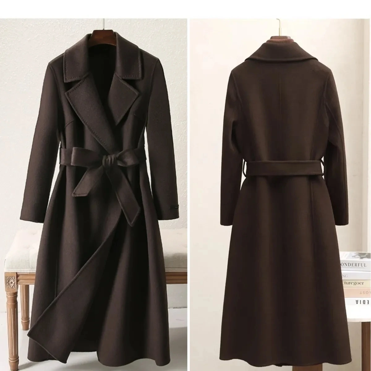 Fashion Autumn Winter New High-end Woolen Coat For women Medium long style Suit collar Slim Thicken Wool Coats With belt