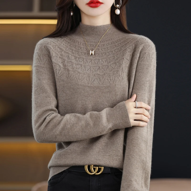 Ropa de lana 100% pura para mujer, jersey de Cuello medio alto ahuecado, de Color sólido, listo para usar, NJRG-1105