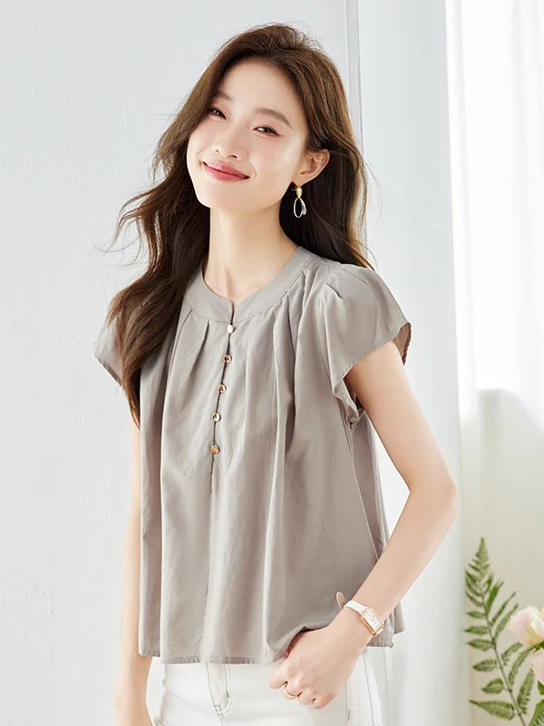 

Women's ort Sve Chiffon irt Loose Fit Slimming Cardiwaist Top Summer Faionable Casual Wear round Ne Button Detail