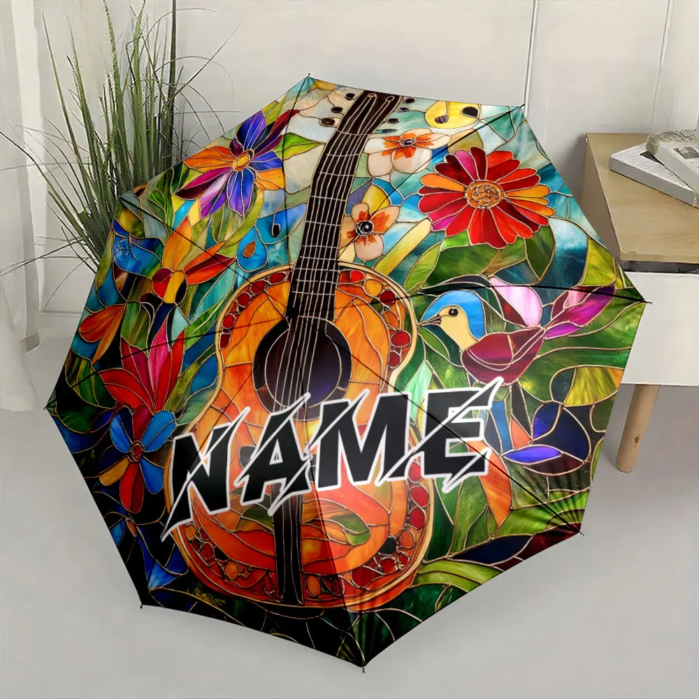Custom Name Umbrella,Colorful Guitar and Floral Stained Glass Style Umbrella Design