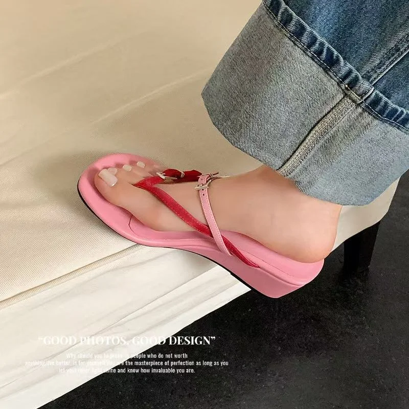 2026new summer women sandals natural leather 22-25cm kid suede+sheepskin+pigskin split toe buckle mules high heel women slippers