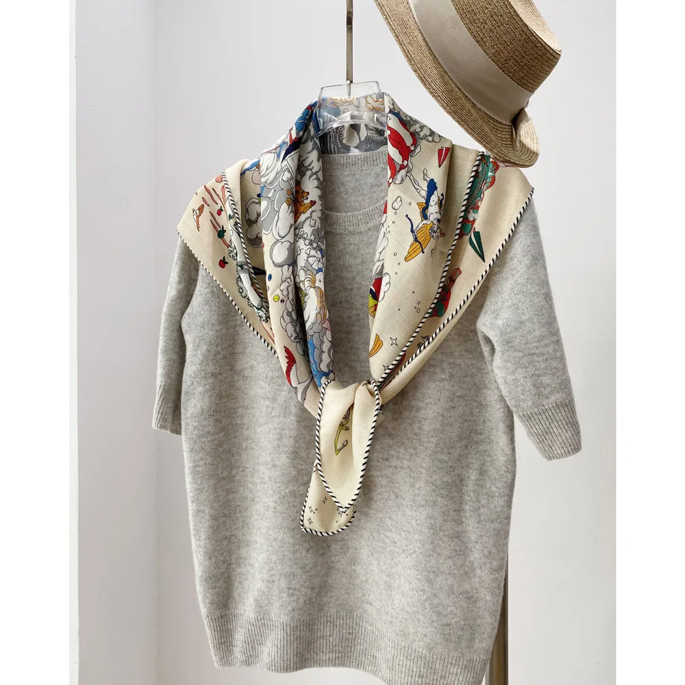 85CM Silk Wool Scarf Double Print Hair Bag Scarfs for Female Herms Rolled Shawls Winter Square Scarfs Christmas Lover Gift