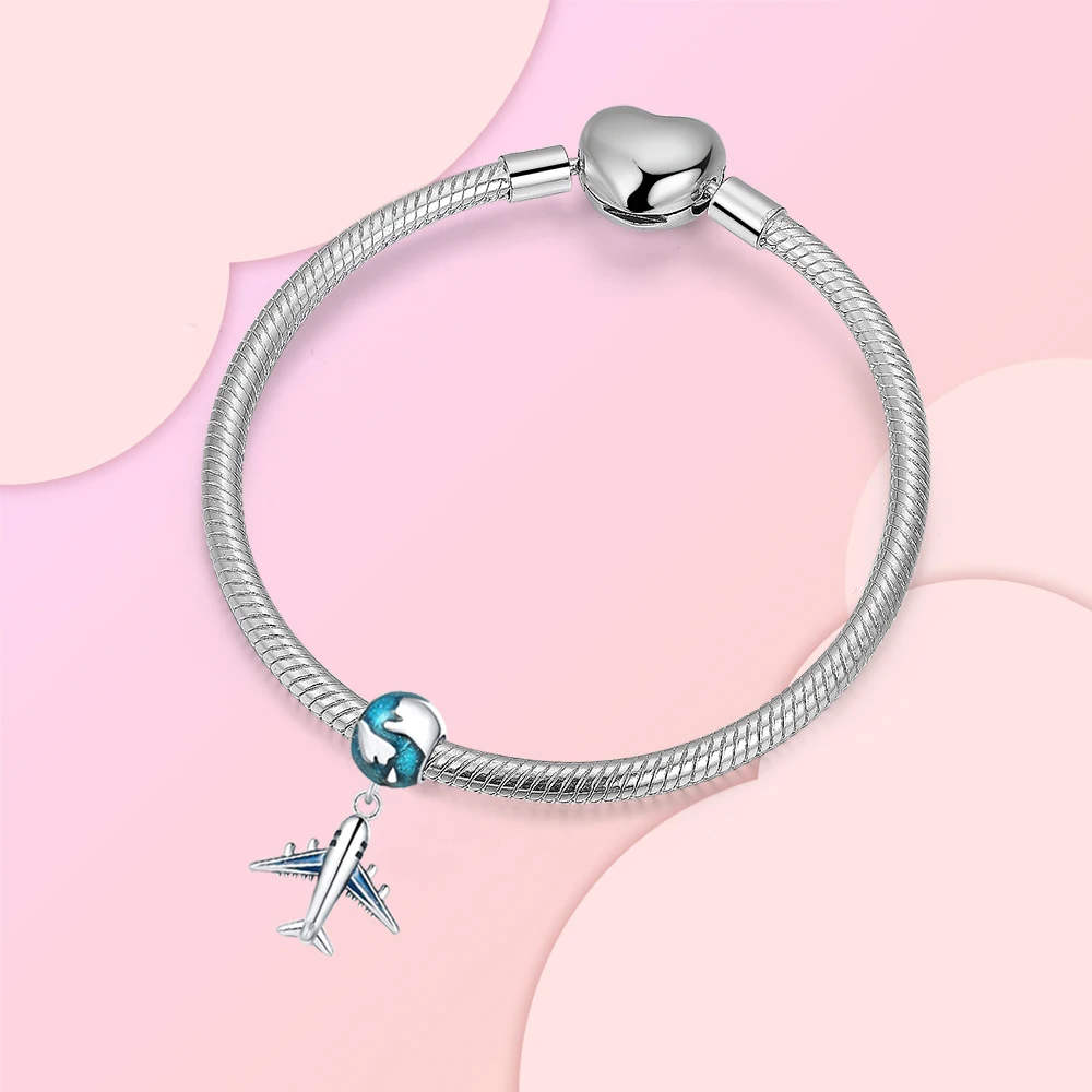 925 Sterling Silver Airplane Earth Pendant Charm Fit  Charms Bracelets Women DIY Jewelry Gift