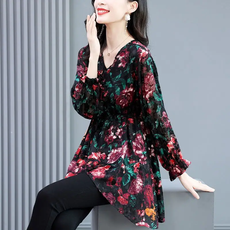 여성 하이엔드 플로럴 브이넥 상의, 웨이스트 슬림 자카드 티셔츠, 분위기 있는 컬렉션, 2024 용수철 가을 신상