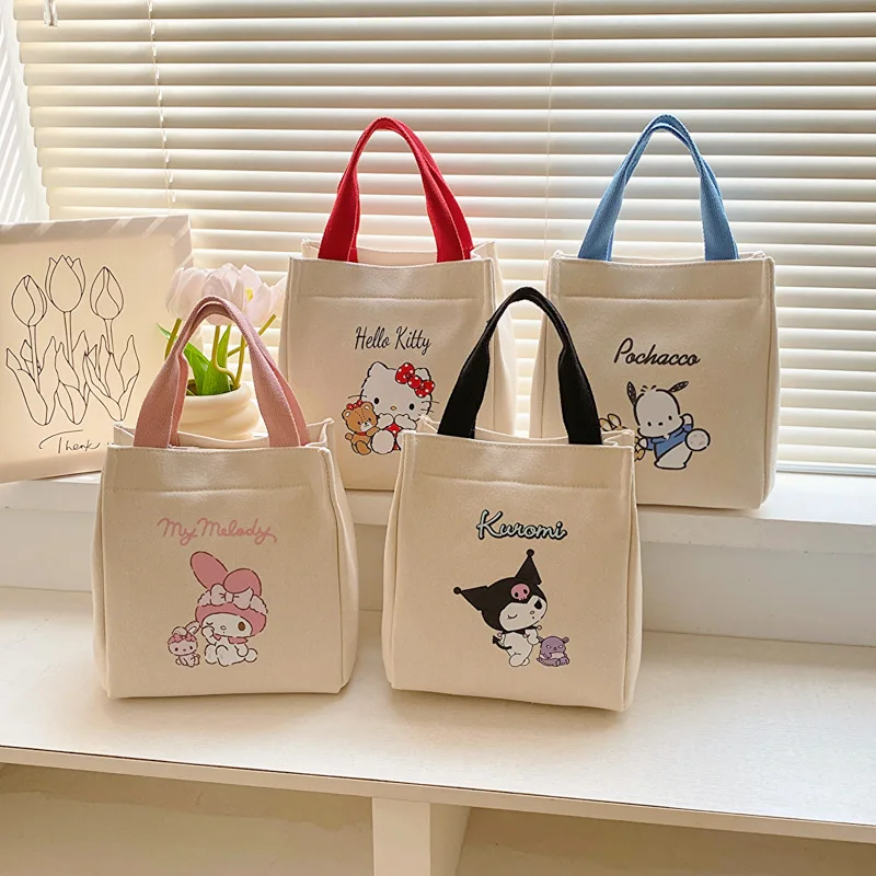 2024 New Sanrio Kitty Cute Canvas Bag Melody Office Fashion Women\'s Handbag Kuromi Handbag Lunch Box Pochacco Cosmetic Bag