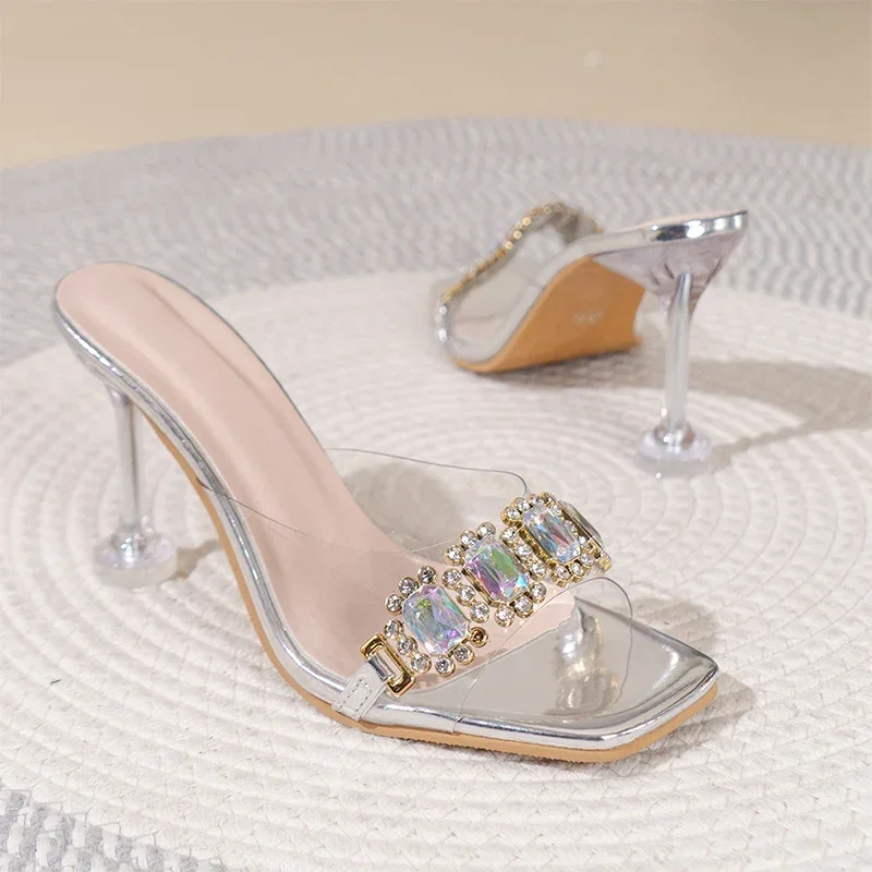 Luxury Crystal Women High Heels Slippers Summer PVC Transparent Shoes 2024 Open Toe Beach Flip Flops Sandals Pumps Mujer Slides