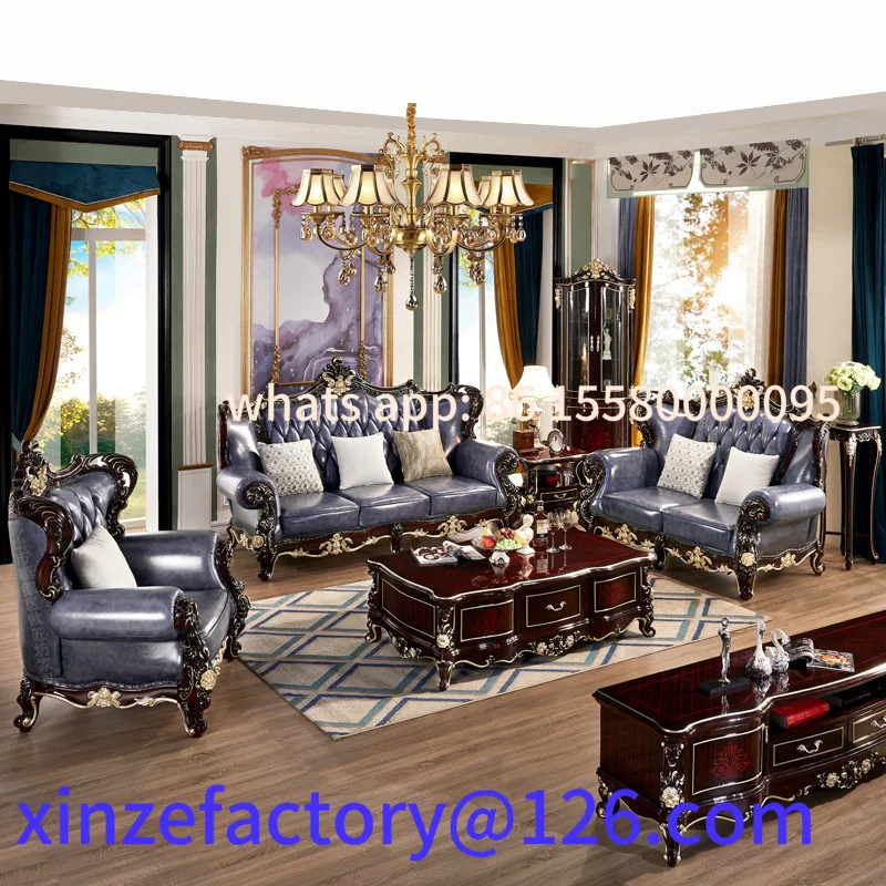 

Customizable European sofa Solid wood double-sided carved leather