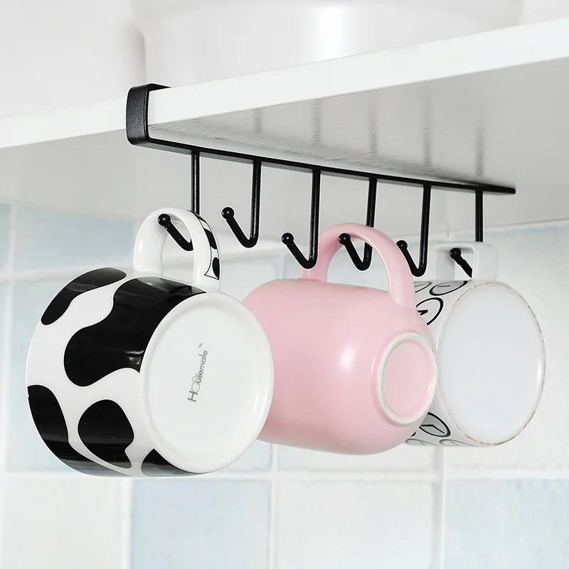 1PC Perforation-Free Wrought Iron Cabinet Storage Rack Wardrobe Kitchen Organizer Multi-Functional 6 Hook Hook