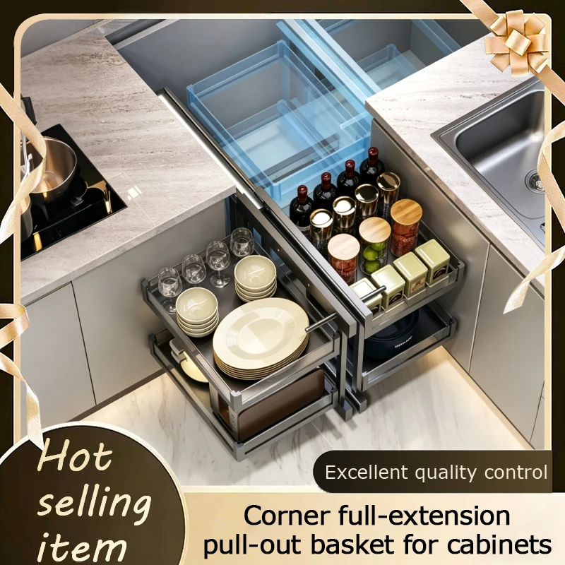 Full Extension Large Capacity Corner Cabinet Pull Out Double Layer Wire Basket With Rust Proof Durable Stainless Steel Frame
