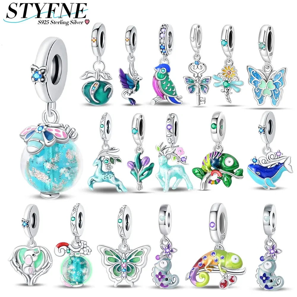 

Sterling Silver 925 Green Jungle Series Secret Elk Chameleon Charm Fit Original Bracelet for Women's Jewelry Making Gift