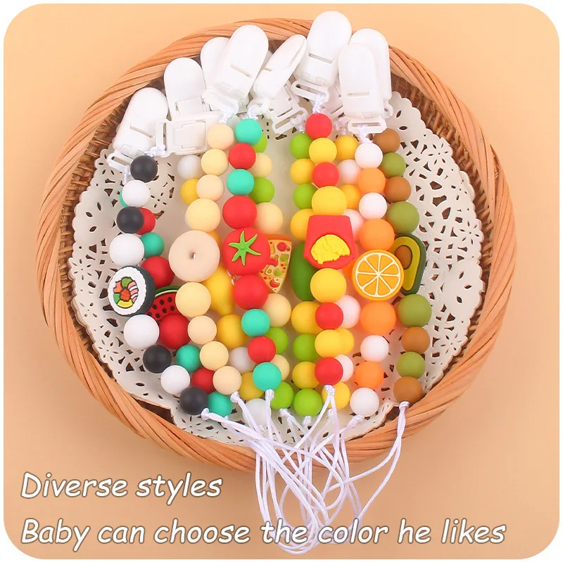 Cartoon Fruit Watermelon Silicone Teether Pendant Beaded Pacifier Clip Chain Baby Boy Girl Dummy Feeding Clip Soother Chain Gift image 2