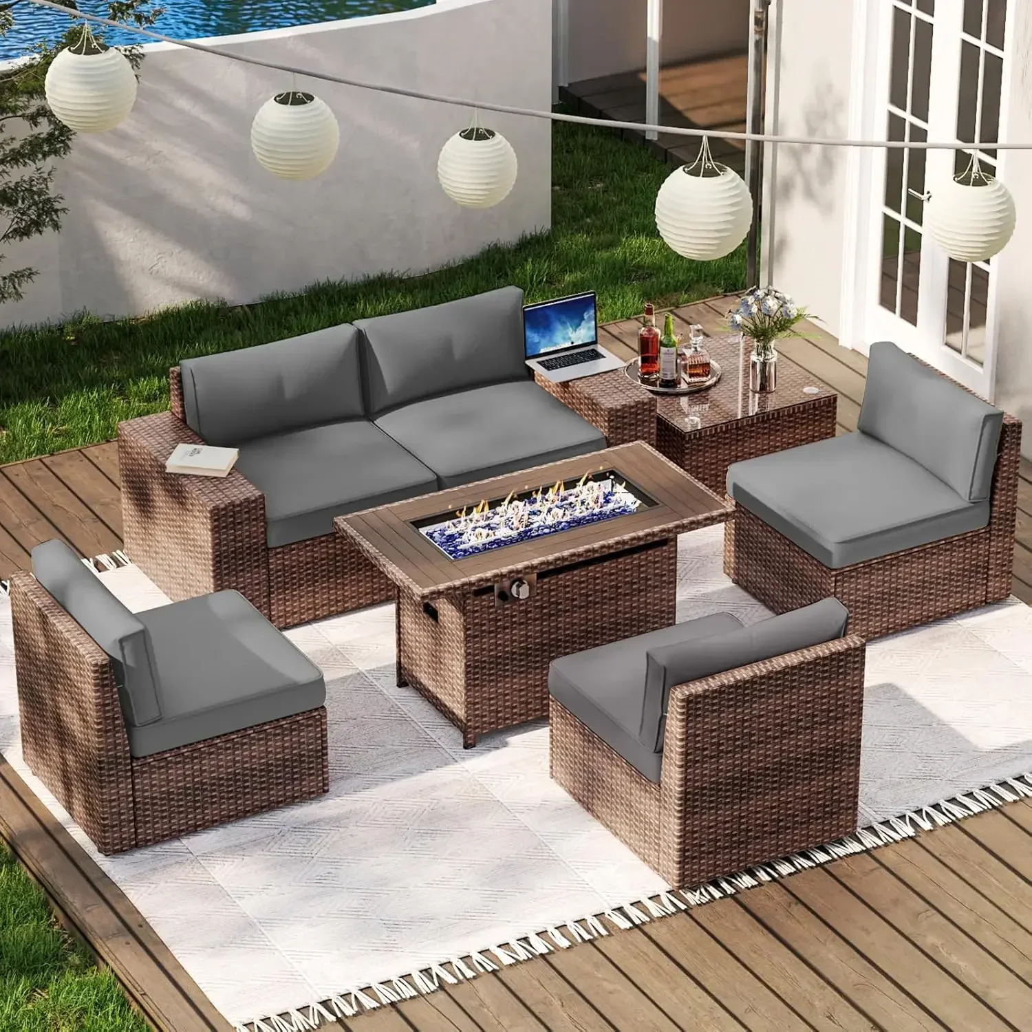 Patio Furniture Set 7-Piece Wicker Rattan Conversation Set with 44” Fire Pit Outdoor Sectional Sofa with Thickened Cushions