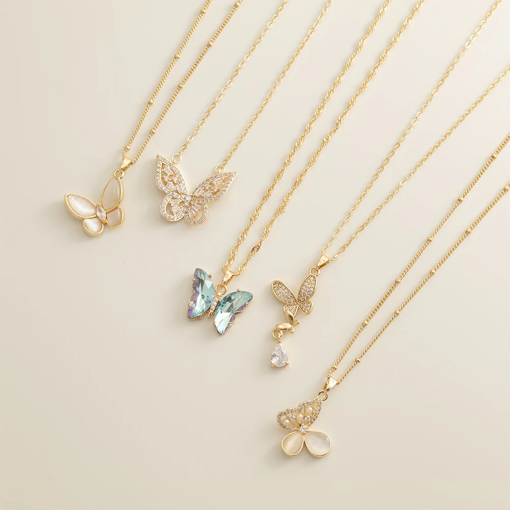 Monkton Fashion Butterfly Necklaces for Women Gold Plated Clavicle Chain with Crystal/Mother-of-Pearl Pendant Charm Accessories