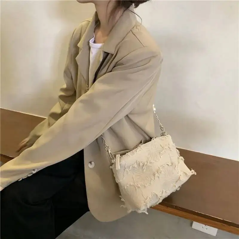 Bloom Haruku White Large Capacity Tote Women Retro Pearl Tassel Casual Shoulder Bag Female Elegant Handbag Purse