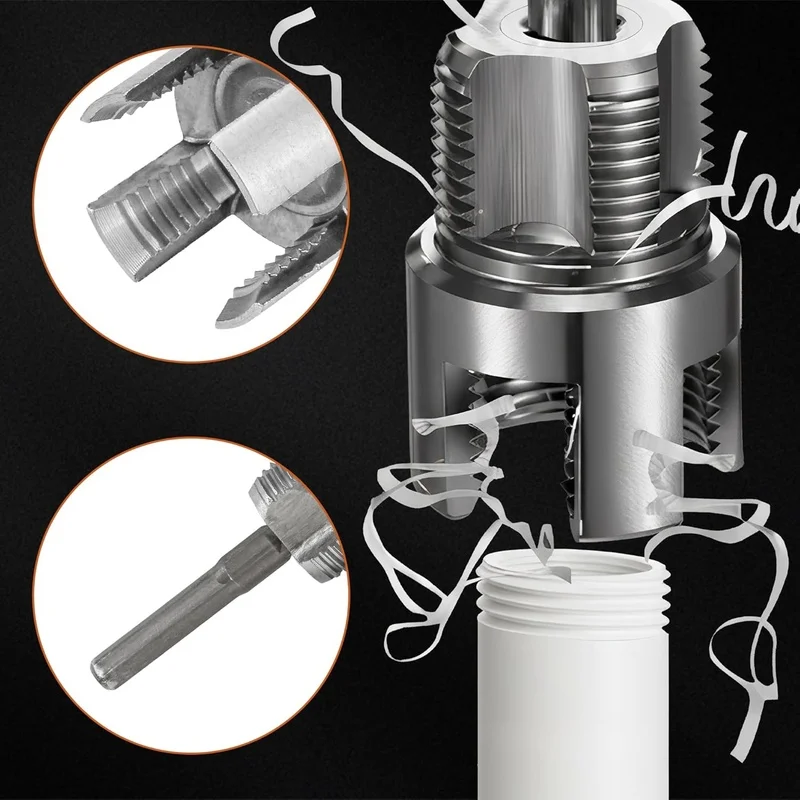 3-teiliges Hochleistungs-PVC/Kunststoff-Rohrgewindeschneidwerkzeug-Set mit 1/2"/3/4"/1" Außen-/Innengewinden für Elektrobohrmaschinen-Rohrgewindeschneider – Detail 4