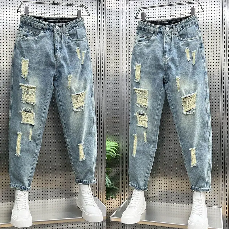 

Elastic Nine-point Jeans Men's Slim-fitting Pants Spring and Autumn 2025 New Men's Clothing Ripped Casual Beggar Pants Men