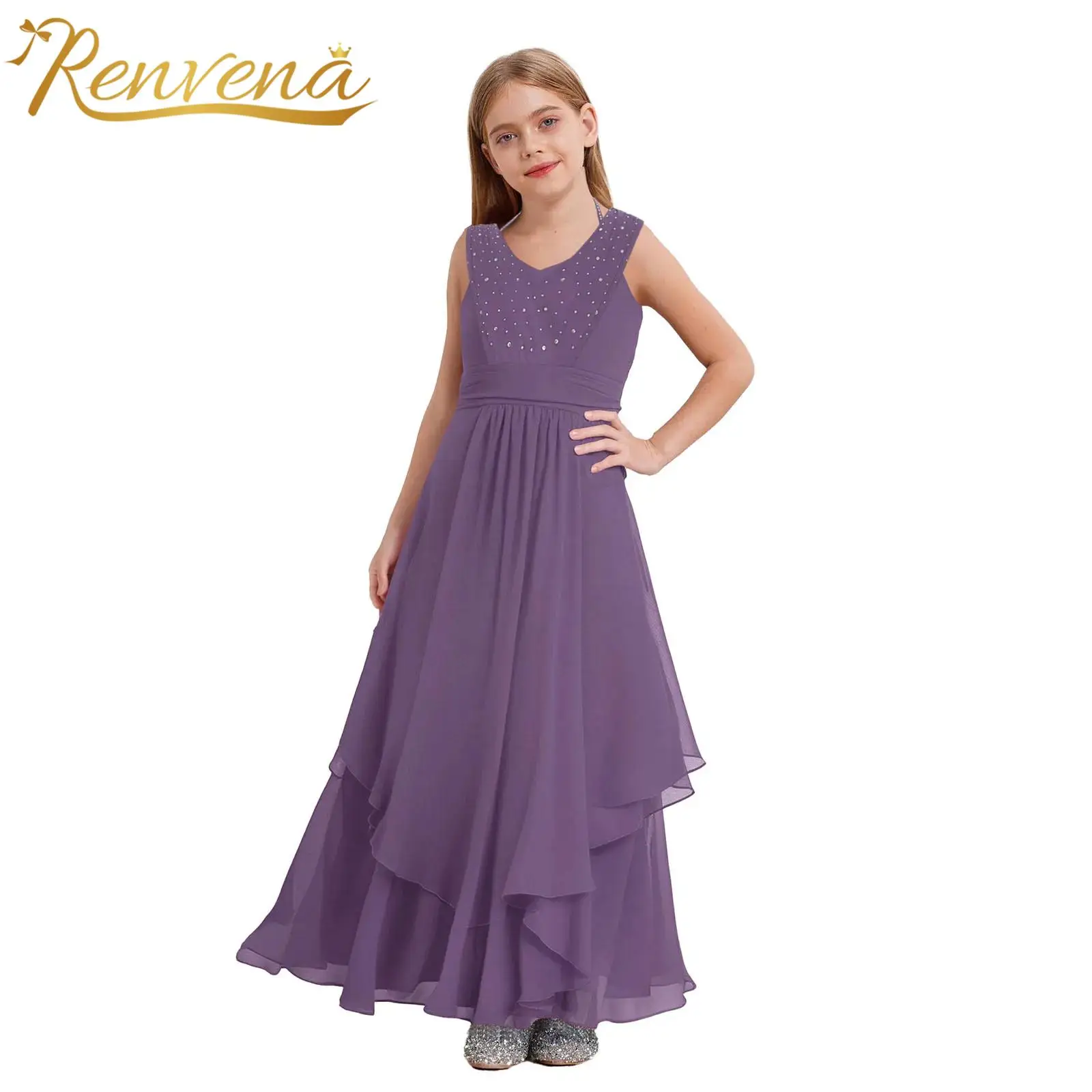 

Girls Party Dress Ball Gown Kids Halter Princess Pleated Dresses for Bridesmaid Communion Wedding Birthday Party Prom Vestidos