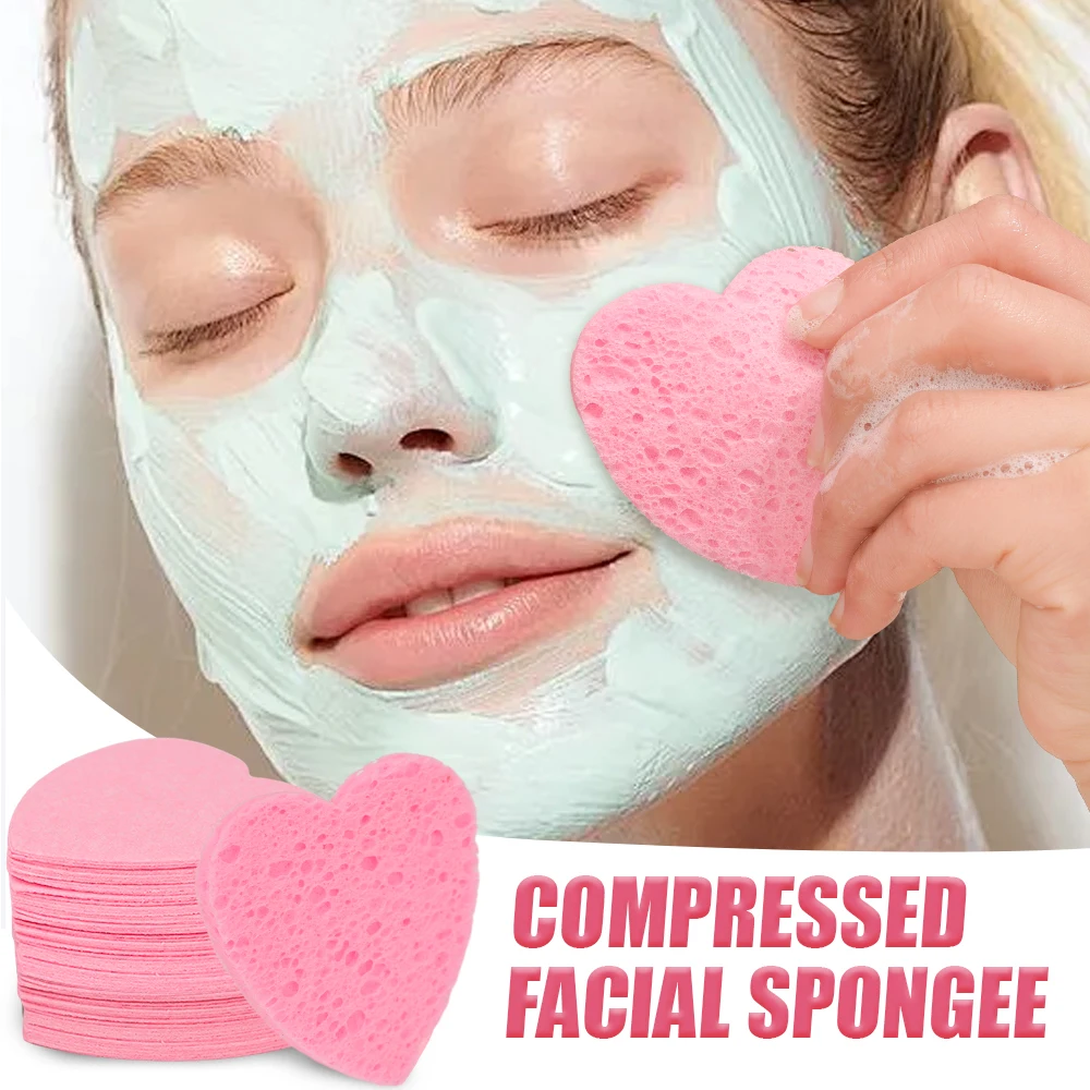 Bouffées de nettoyage du visage compressées en forme de cœur, éponge de lavage du visage, bouffée de coton, bouffée cosmétique, pâte de bois naturelle, 50 pièces