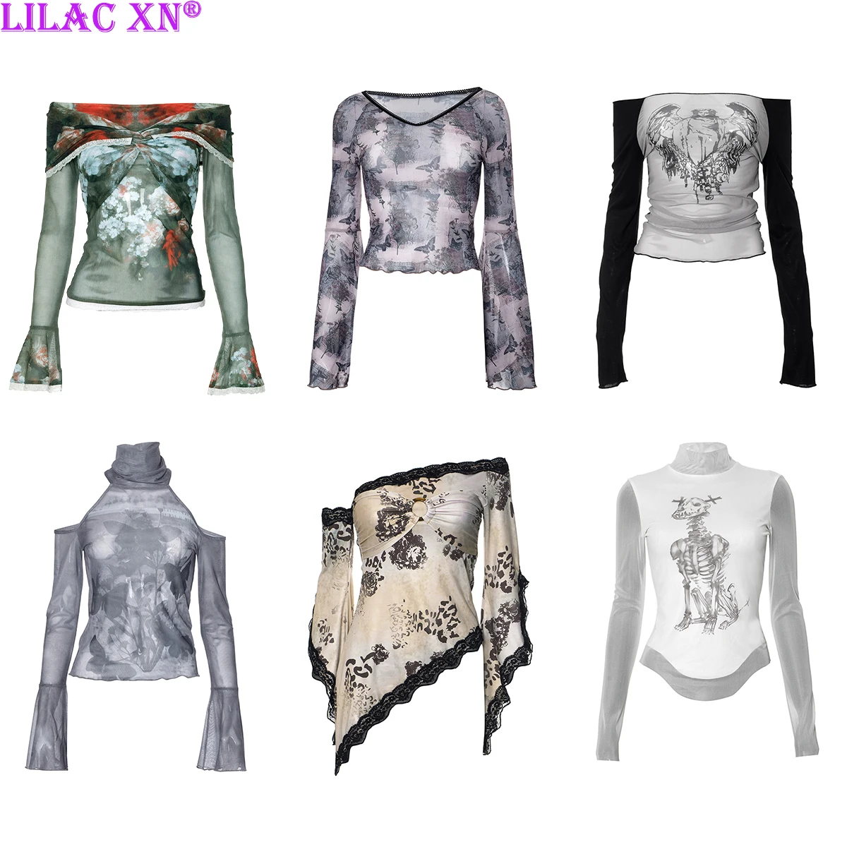 Y2K Vintage Lace Mesh See Through Long Sleeve T-Shirts Sexy Butterfly Floral Print Off-Shoulder Summer Tops Fashion Women Tees