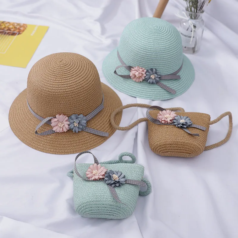 

Summer Baby Straw Hat With Handbag Flower Breathable Beach Hat Bags Kids Hat Boy Girls Sun Visor UV protection panama Hat