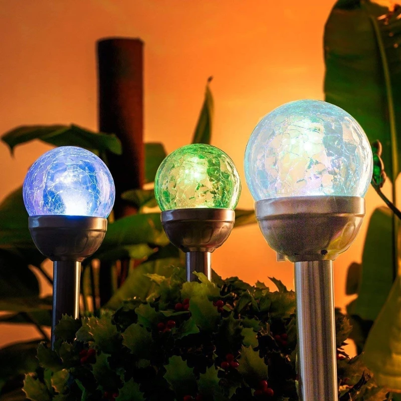 Lights On Outside Solar Lights from Garden Double LED Round In Cracked Glass Lights Suitable for Outdoor Garden Decors