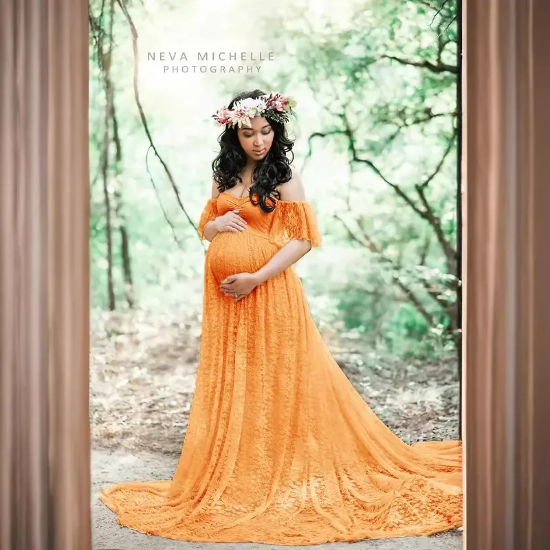 

Lace Maternity Dress with Fly Sleeve Short Sleeve Long Skirt Photography Dress Empire Waist Ankle Length round Neck Special Offe