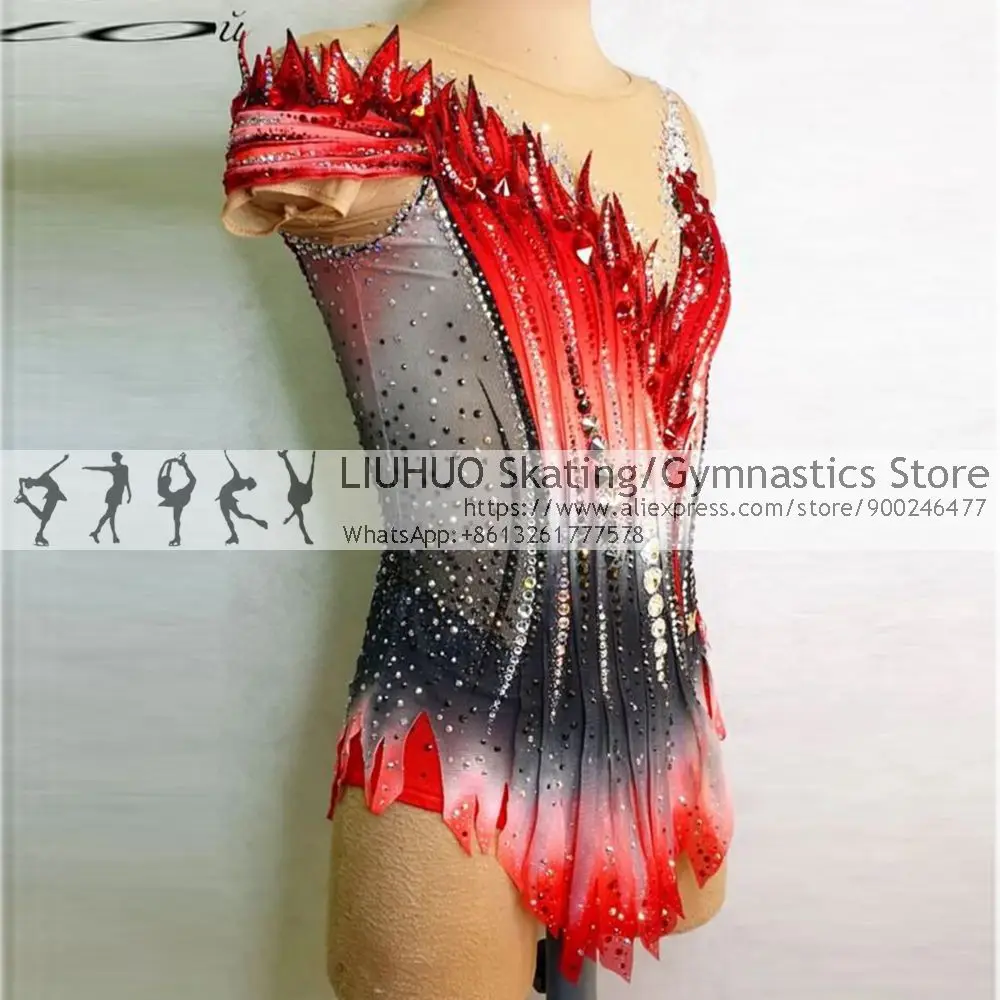 Rhythmic Gymnastics Leotards Red Gradient Striped Diamond Sleeveless Girls Competition Performance