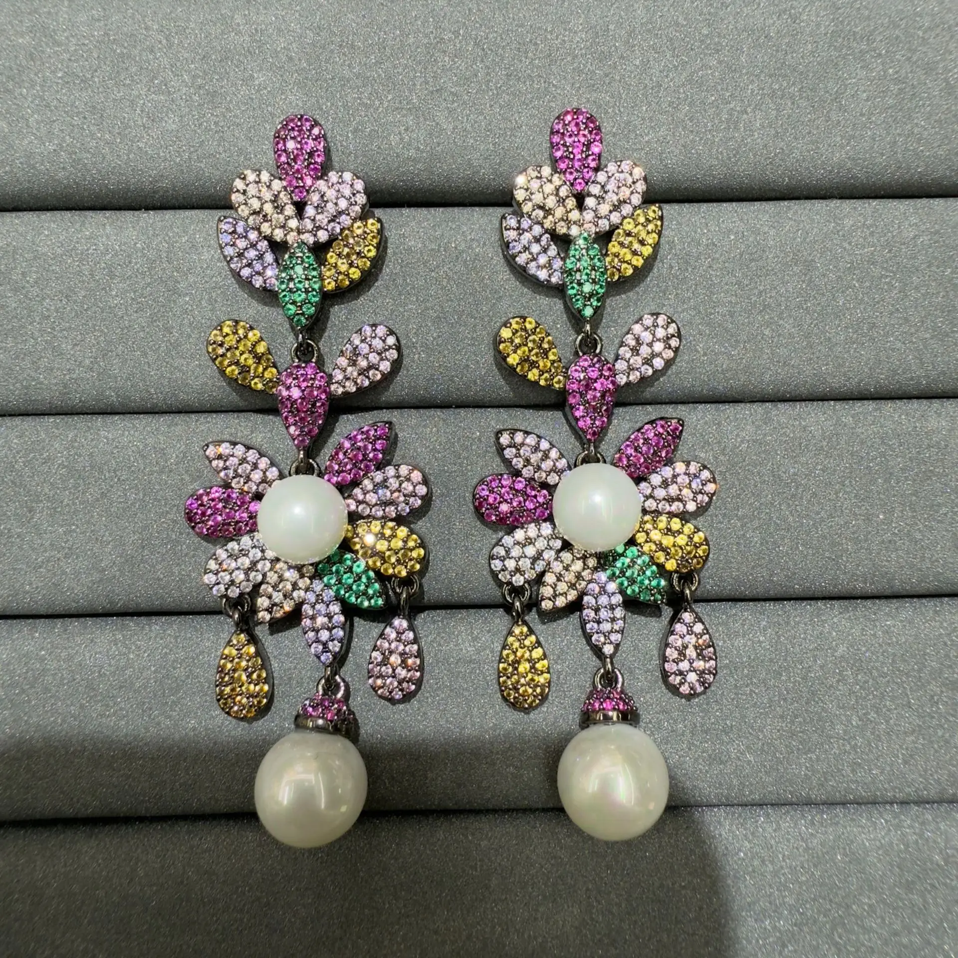 

fashion unique cubic zirconia earrings for women long jewelry multicolor blue pink yellow flower dangling earrings gala event