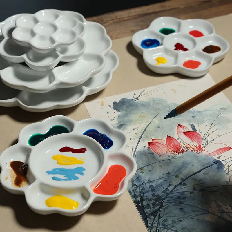 

Jingdezhen Ceramic Plum Blossom Palette 4-8 Inch Thick Ink Plate Art Gouache/Watercolor/acrylic Pigment Palette Art Supplies