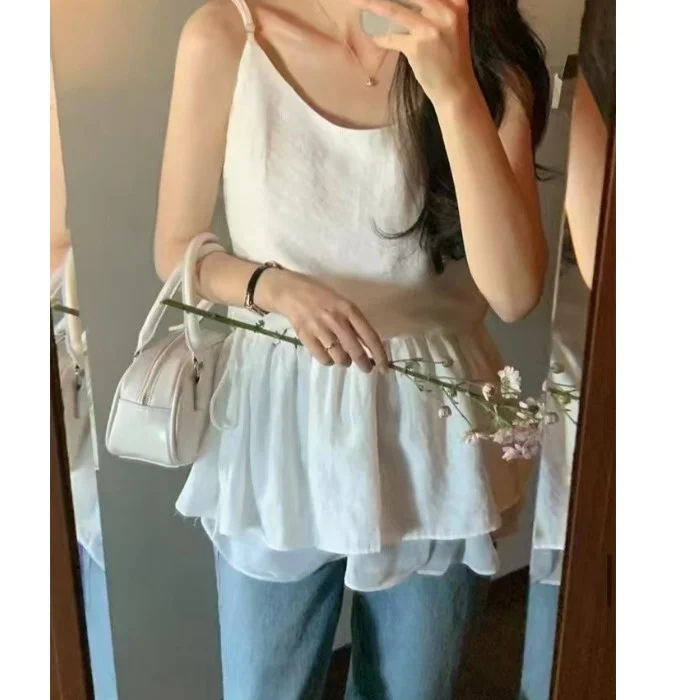 春夏 レイヤードデザイン ドローストリングウエスト ホルターシャツ カジュアルスタイル レディース アウター レギュラースリーブ 長さ その他素材