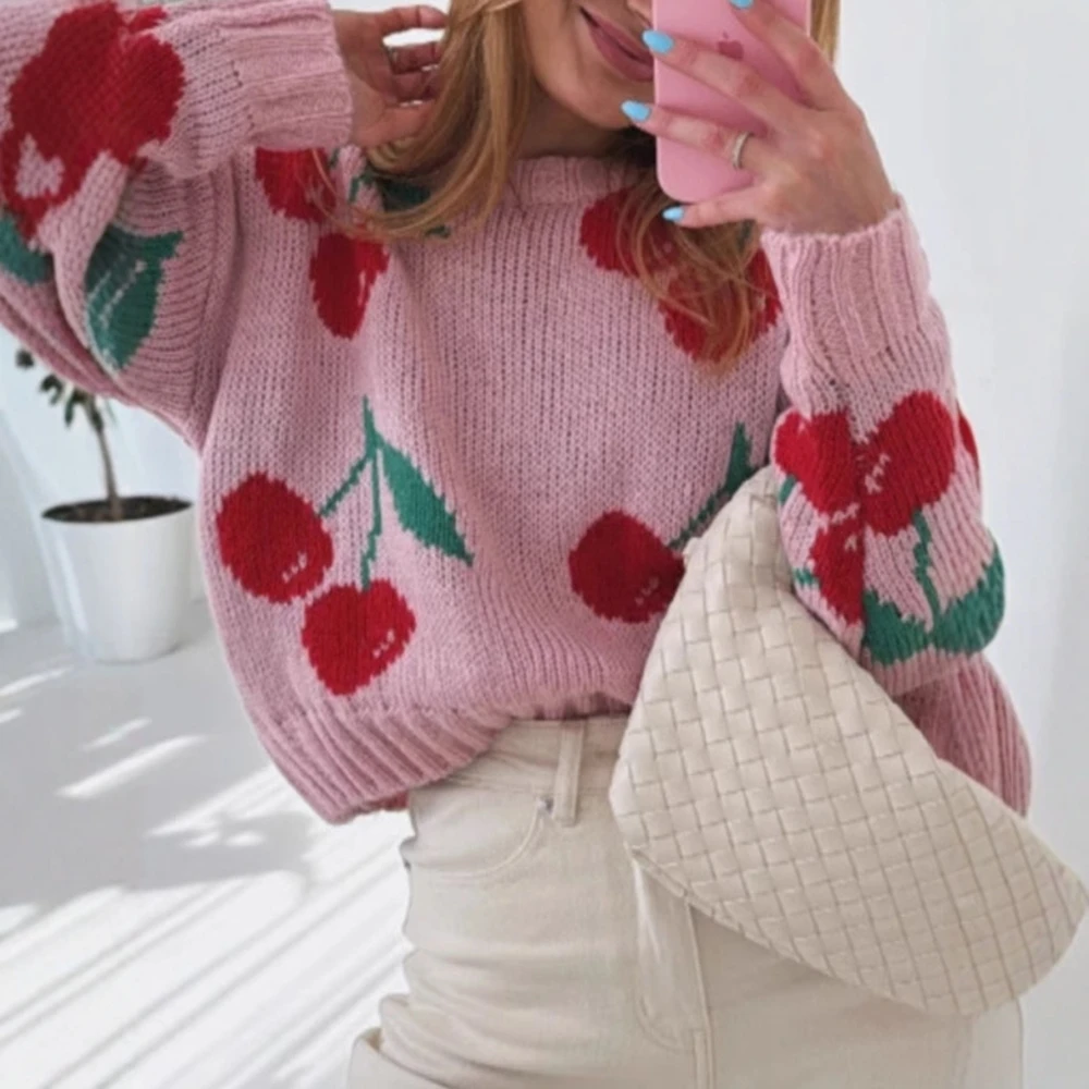 

UNIKTEE Women's Long Sleeve Crew Neck Sweater K-Fashion Chic Cherry Print Casual Autumn Winter Top