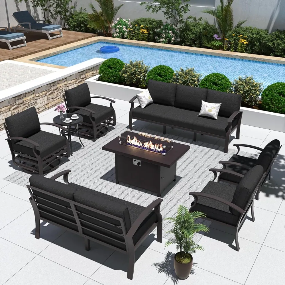 Aluminum Patio Furniture Set with Propane Fire Pit Table 9-seat Metal Outdoor Furniture w/Fire Pit Patio Sectional