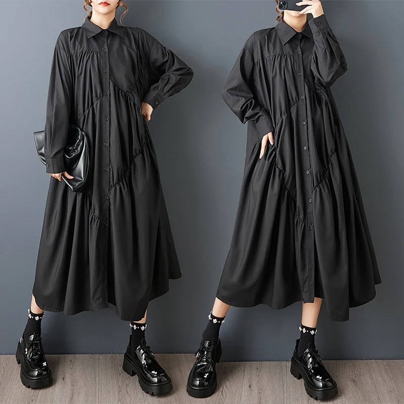

Spring Autumn Loose Dark Design Sense Asymmetrical Pleated Slimming Shirt Dress Cotton Long Sleeve Collar Midi Dress