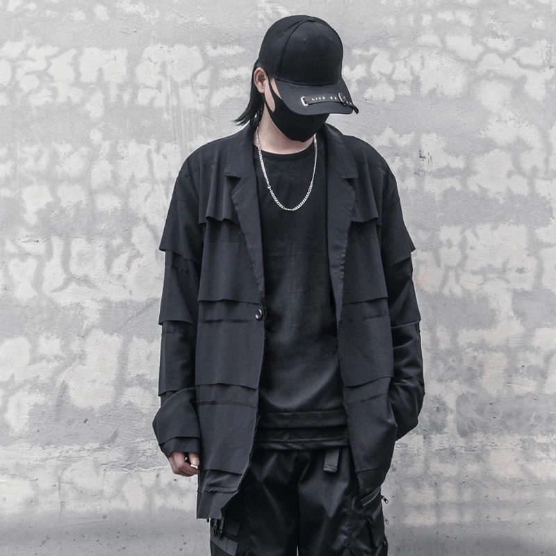 Unique Personality Patchwork Design Dark Style Autumn Trend Loose Men's Suit Jacket Vintage Open Cardigan Casual Long Sleeve