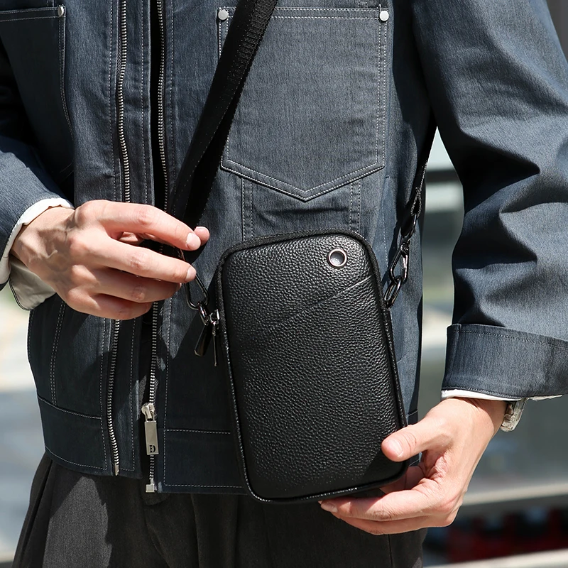 Genuine Leather Men's Shoulder Bag, Top Layer Cowhide Crossbody Bag, Fashionable Men's bag, Vertical Mobile Phone Bag
