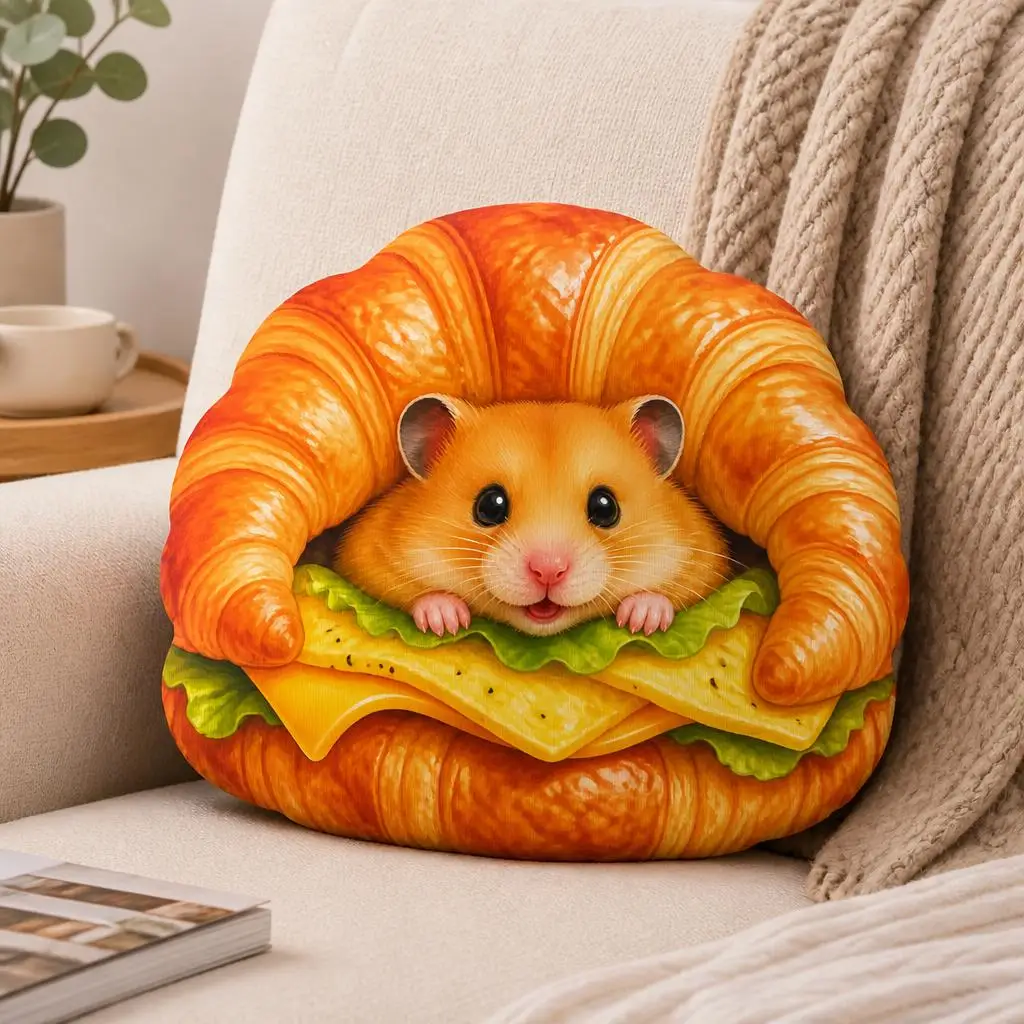 Cute Hamster Croissant Sandwich Plush Pillow Shaped Stuffed Cushion Kawaii Breakfast Animal Throw Pillow Home Decor Gift