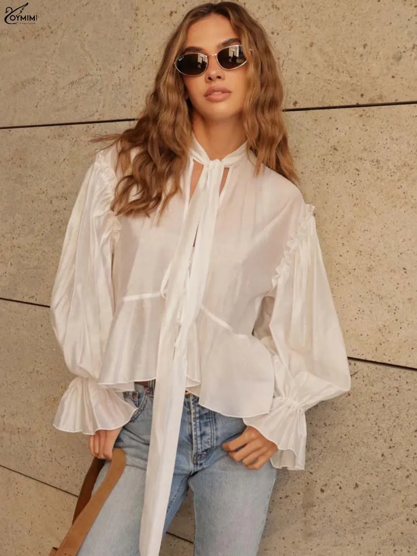 Oymimi Fashion Beige Loose Women's Blouse Autumn Bow Neck Lace-Up Long Sleeve Blouses Casual Ruffled Solid Blouses Streetwear