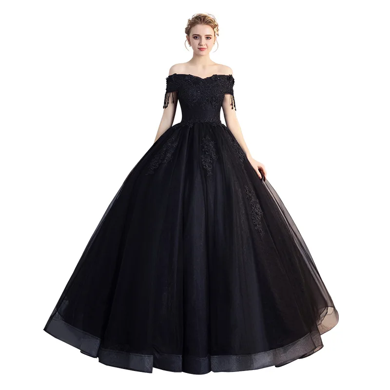 New Evening Dress 2024 Black One Shoulder Fluffy Skirt, Host\'s Evening Performance Long Princess Skirt, Wedding Dress