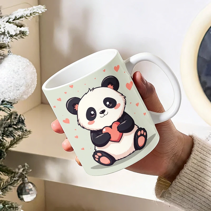 

11oz Cartoon Cute Panda Holding Pink Heart with Handle Ceramic Mug, Creative Coffee Cup, Insulated Milk Cup, Office Tea Cup