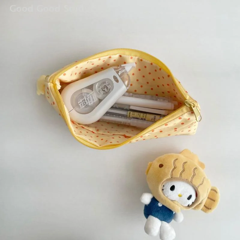 1Pc Cute Milk Yellow Polka Dot Rabbit Pencil Case Mesh Multilayer Pen Bag Large Capacity Stationery Bag For School